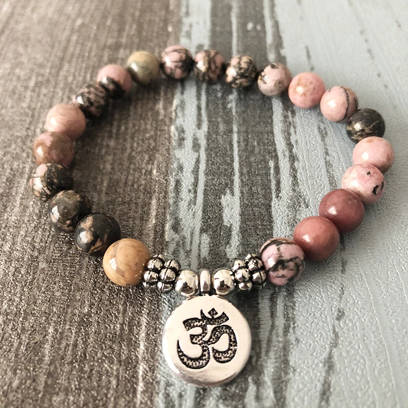 

STONE OF POWER Set Of 3 bracelets OM Lotus Charm Jewelry 8mm Black Line Rhodonite Bracelet Meditation Yoga Gift