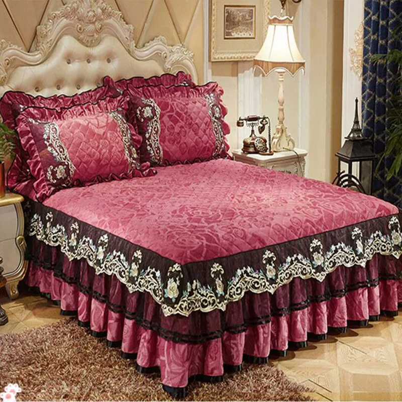 

free shipping crystal velvet lace edging skirted bed sheet 3pcs bedspreads set bed mattress cover Euro style slip-proof cotton