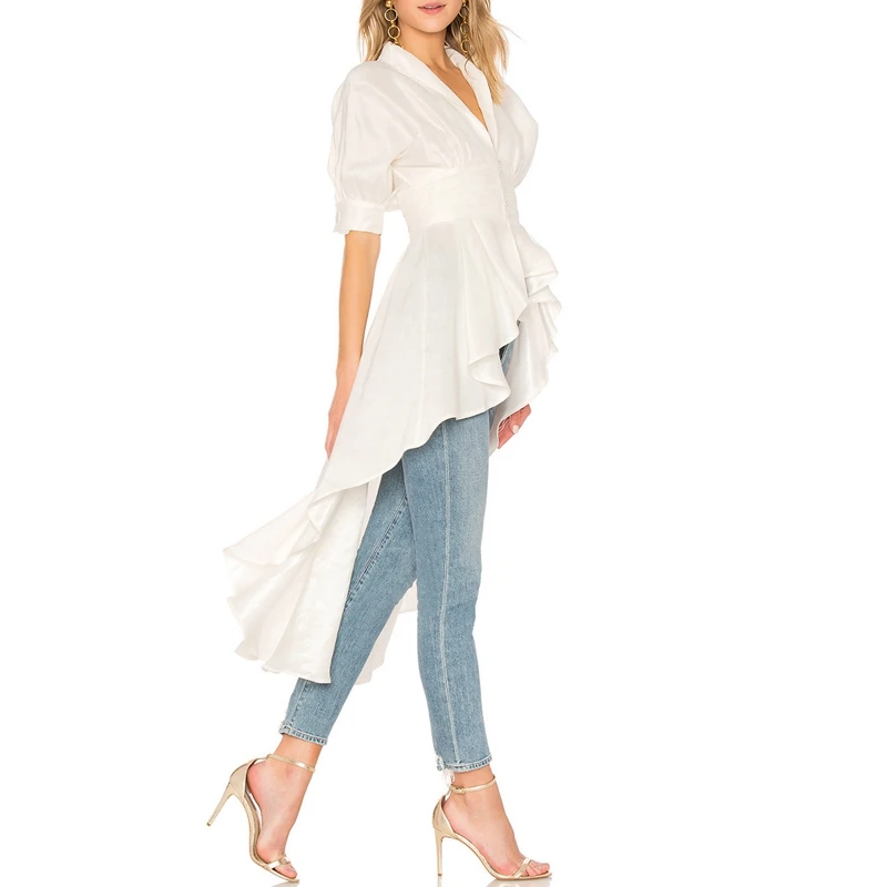 Дизайнер асимметричный блузка Для женщин рюшами Flounce Top Resort Boho хлопок империи