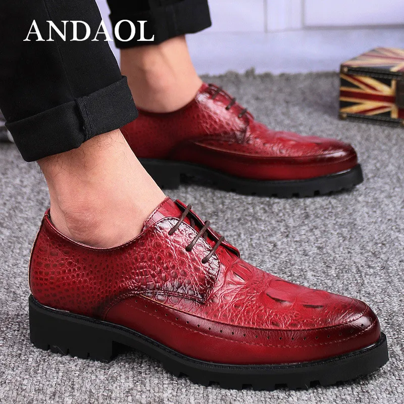 

ANDAOL Men's Leather Casual Shoes NEW Genuine Cow Leather Non-Slip Thick Sole Business Derby Shoes Luxury Lace-up wedding Shoes