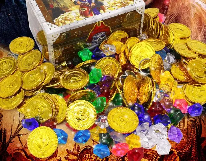 

Pirate Toys Gold Coins and Pirate Gems Treasure for Pirate Party Plastic Coins Acrylic Faux Diamond kids gifts