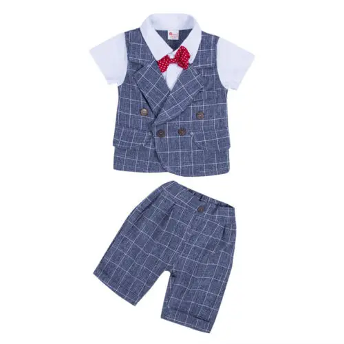 Toddler Kids Baby Boys Clothing Gentleman Outfits Suit Bow Tie Tops Pants 2PCS Plaid Formal Party Clothes Boy 0-4T |