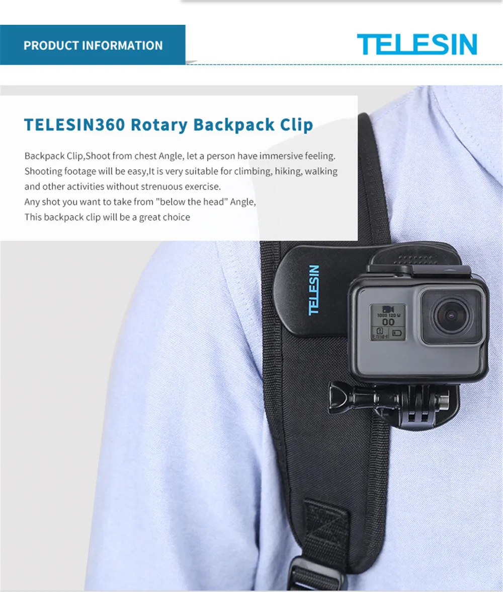 Крепление TELESIN Quick 360 Поворотный Зажим для рюкзака для быстрого крепления на шляпу для GoPro Hero7 6 5 4 3 2 и для Xiaomi YI