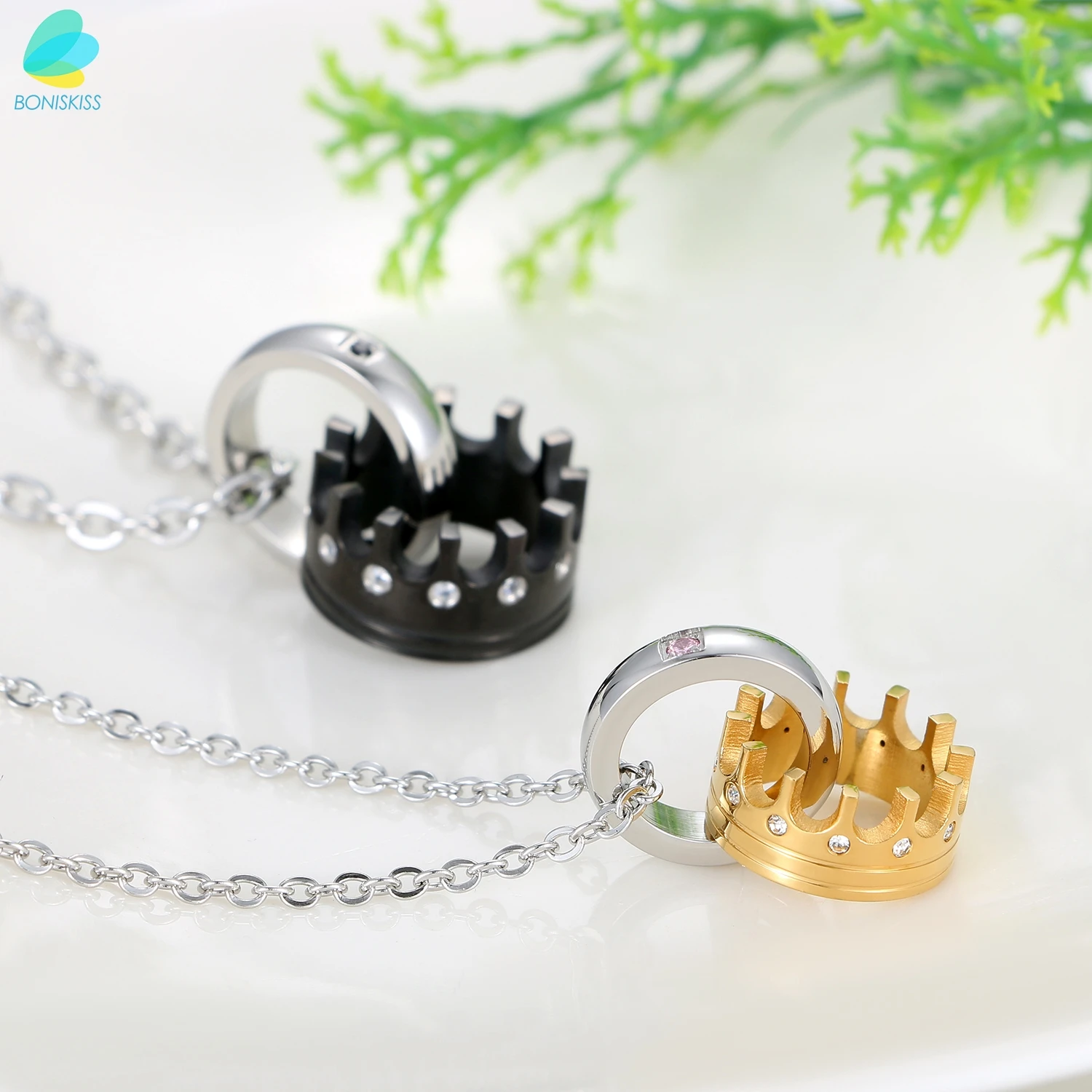 

BONISKISS His & Hers Couple Royal Crown Pendant Love Necklace Valentine Zircon Crystal Accents With Chain