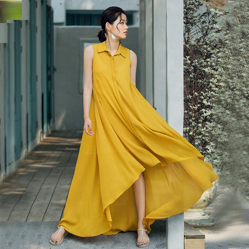 VERRAGEE 2019 Новое Женское летнее без рукавов желтое асимметричное длинное платье в