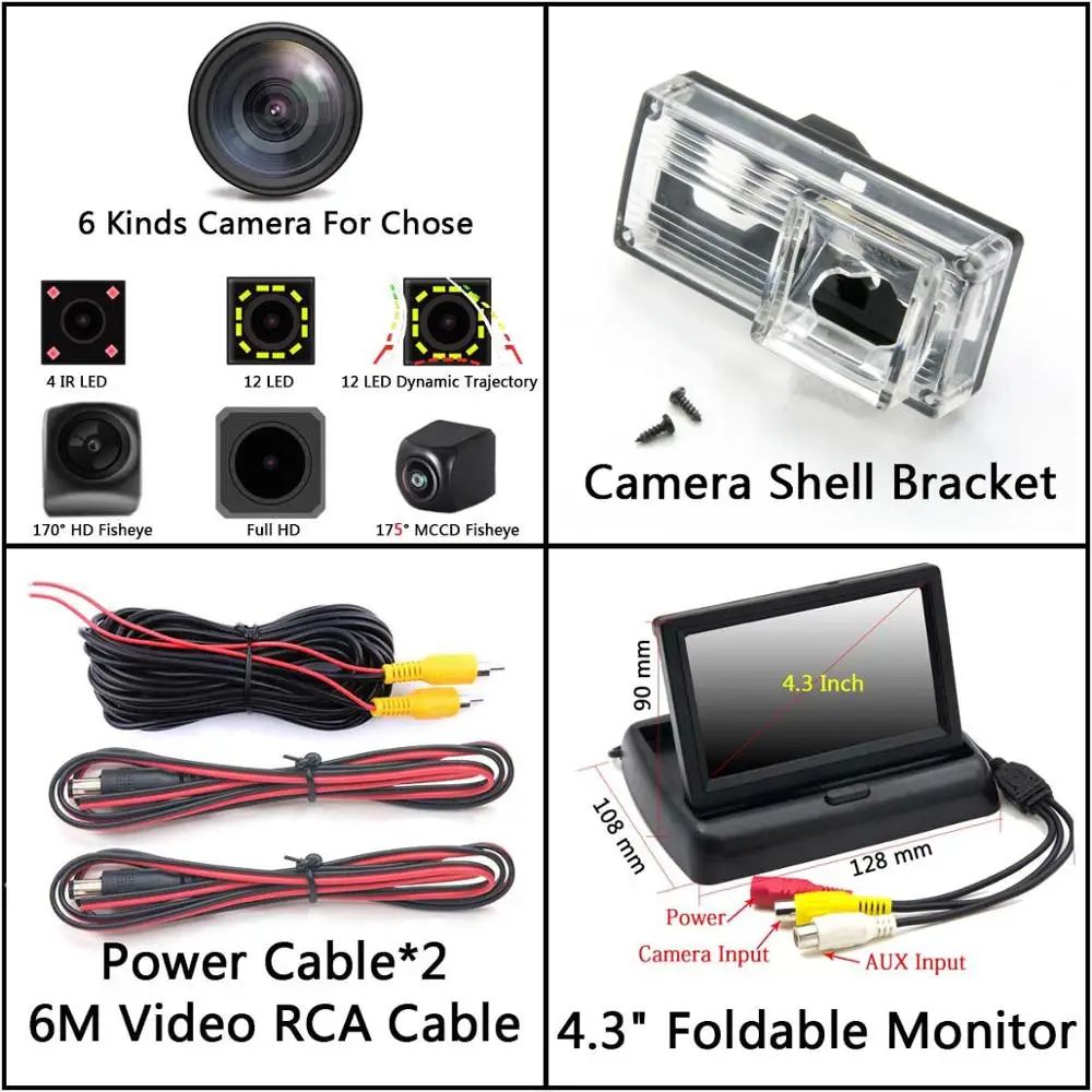 Camera 4.3 inch Fold 175 градусов MCCD Fisheye 12LED HD заднего вида Камера для Toyota Reiz Avalon XX10 Land Cruiser Prado 200 LC200 монитор автомобиля - Название цвета: Camera 4.3 inch Fold