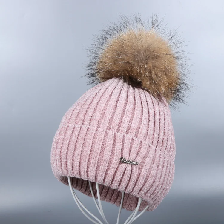 Mink Pom pink hat Новинка, женские шапочки из синели, настоящая лисица, помпоны, зимние шапки, мягкая пряжа, высокое качество, теплые, вязаные, в полоску, для женщин, девушек, skullies gorros - Цвет: Mink Pom pink hat