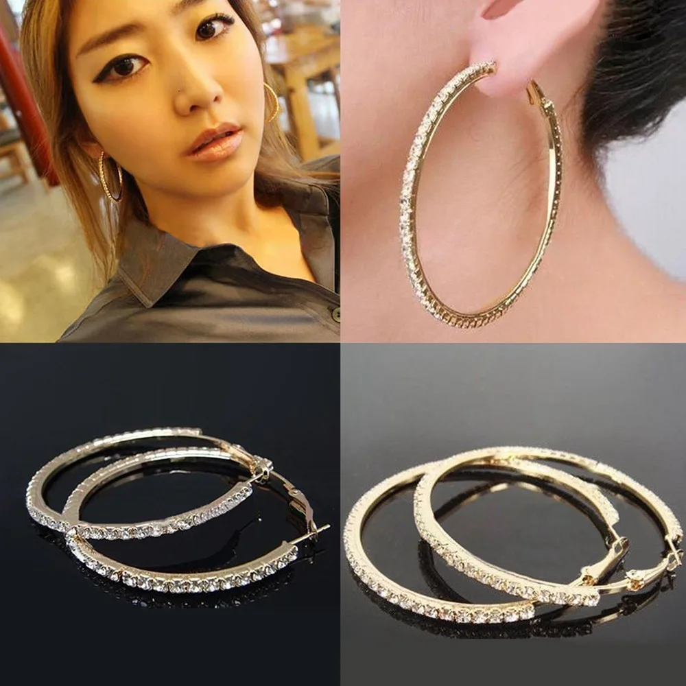 BLIJERY Fashion Full Rhinestone Circle Earrings Classic Big Circle Earrings Silver/Gold Color Crystal Hoop Earrings For Women