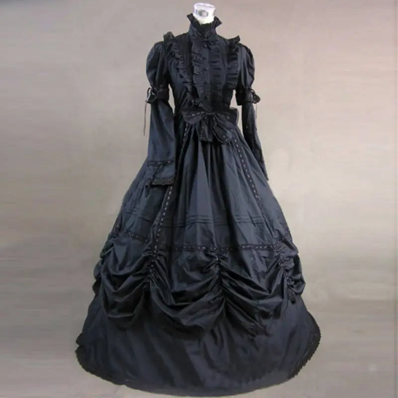 

Customized Black Cotton Gothic Victorian Dress Costume Classic Stand Collar Long Flare Sleeve Cosplay Ball Gowns For Women