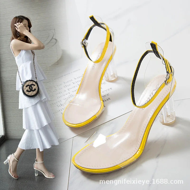 

Женские прозрачные босоножки из ПВХ на высоком каблуке с прозрачным каблуком, украшенные кристаллами и леопардовым принтом, 2019