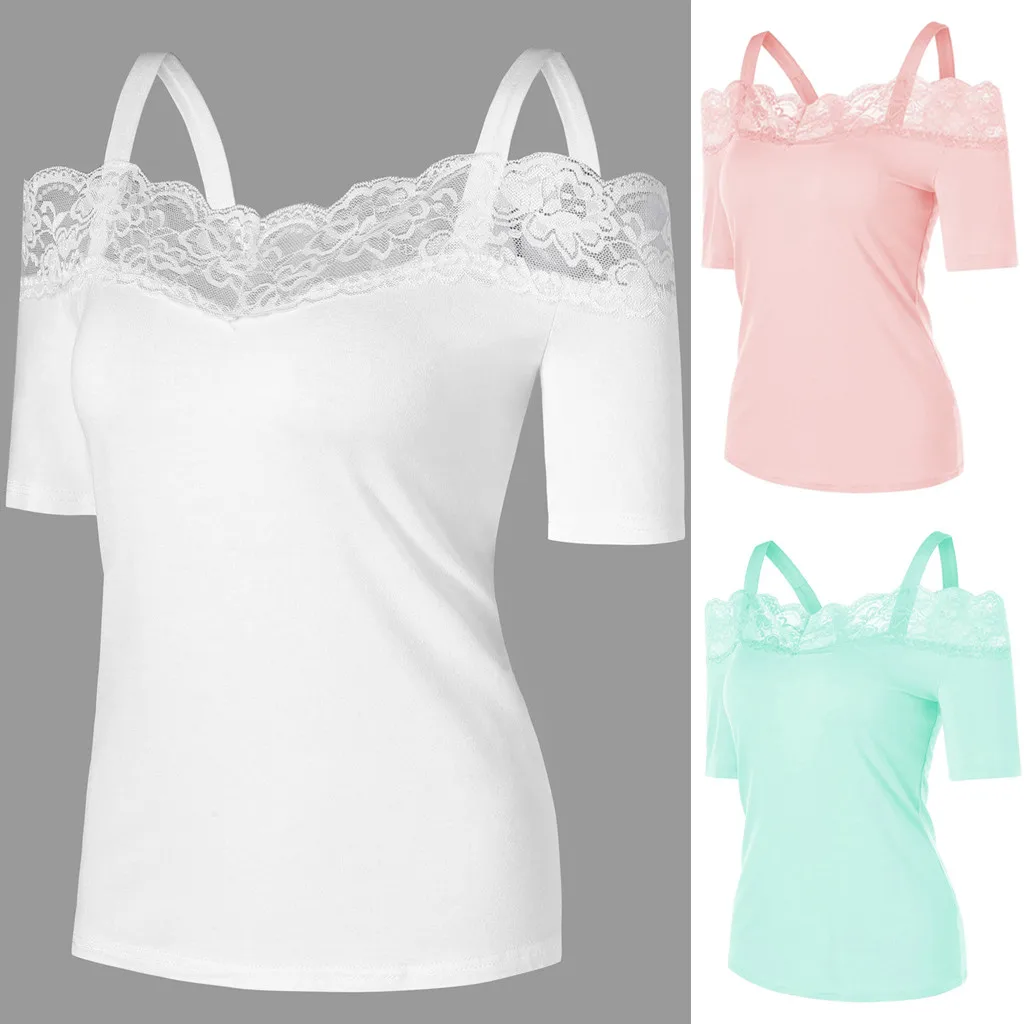 Женская Мода vestidos verao однотонная Повседневная Кружевная блуза с коротким рукавом
