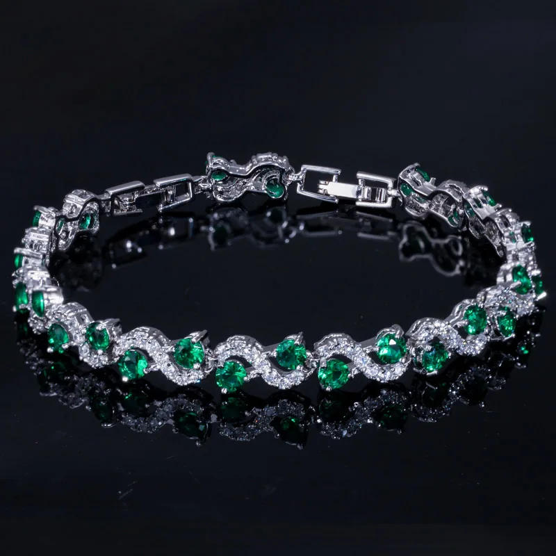 Green ANGELCZ Модный Круглый Синий Зеленый Красный кубический циркон Хрустальный Теннисный браслет для женщин Стерлинговое Серебро 925 ювелирные изделия вечерние подарки AB140 - Окраска металла: Green