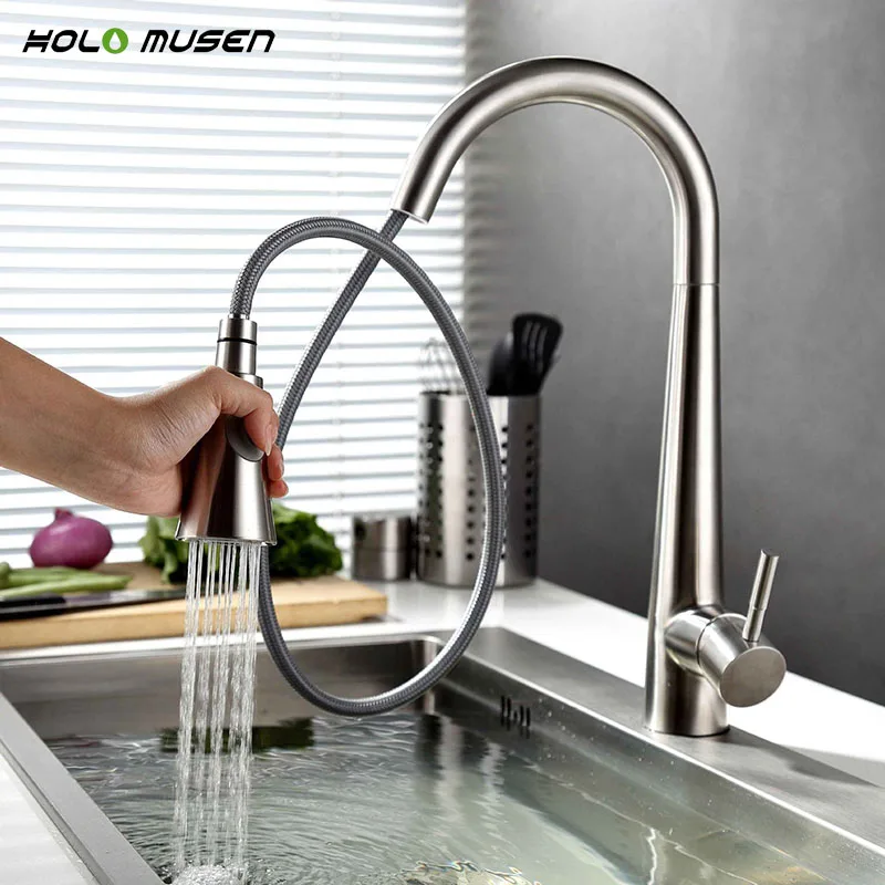 Lead-Free Hot Cold Kitchen Mixer Tap Brushed Nickel Kitchen Tap Pull Out SUS304 Stainless Steel Faucet Kitchen Mixer brushed stainless steel pot filler faucet lead free with dual joint swing arm and aerator surface deck mount kitchen mixer tap
