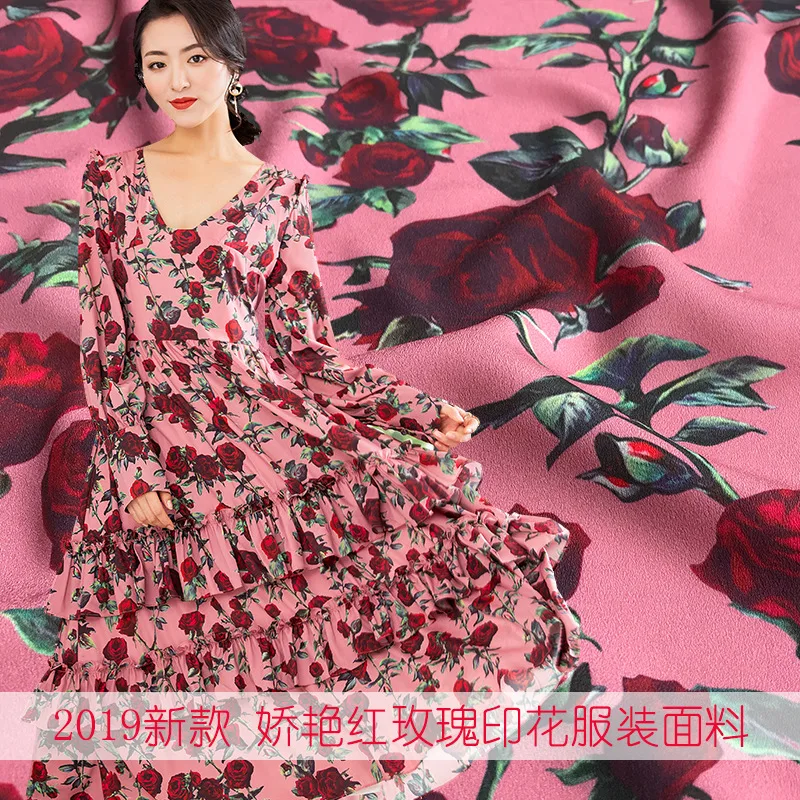 

2019 new delicate red rose high quality digital printing apparel fabric handmade DIY fashion polyester chiffon fabric wholesale