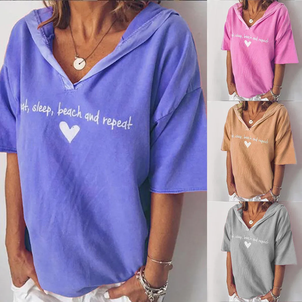Футболка женская летняя однотонная с капюшоном и V-образным вырезом | Женская