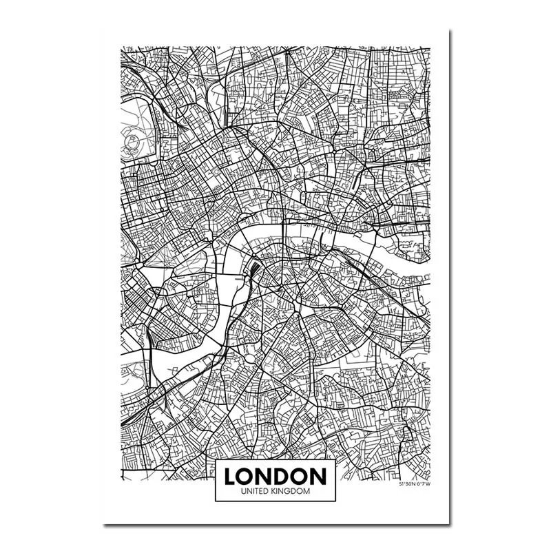 London Черный, белый, Роттердам, Лондон, Нью-Йорк, столица, город, карта, холст, плакат, настенное искусство, печать, живопись, скандинавские декоративные картины, Декор - Цвет: London