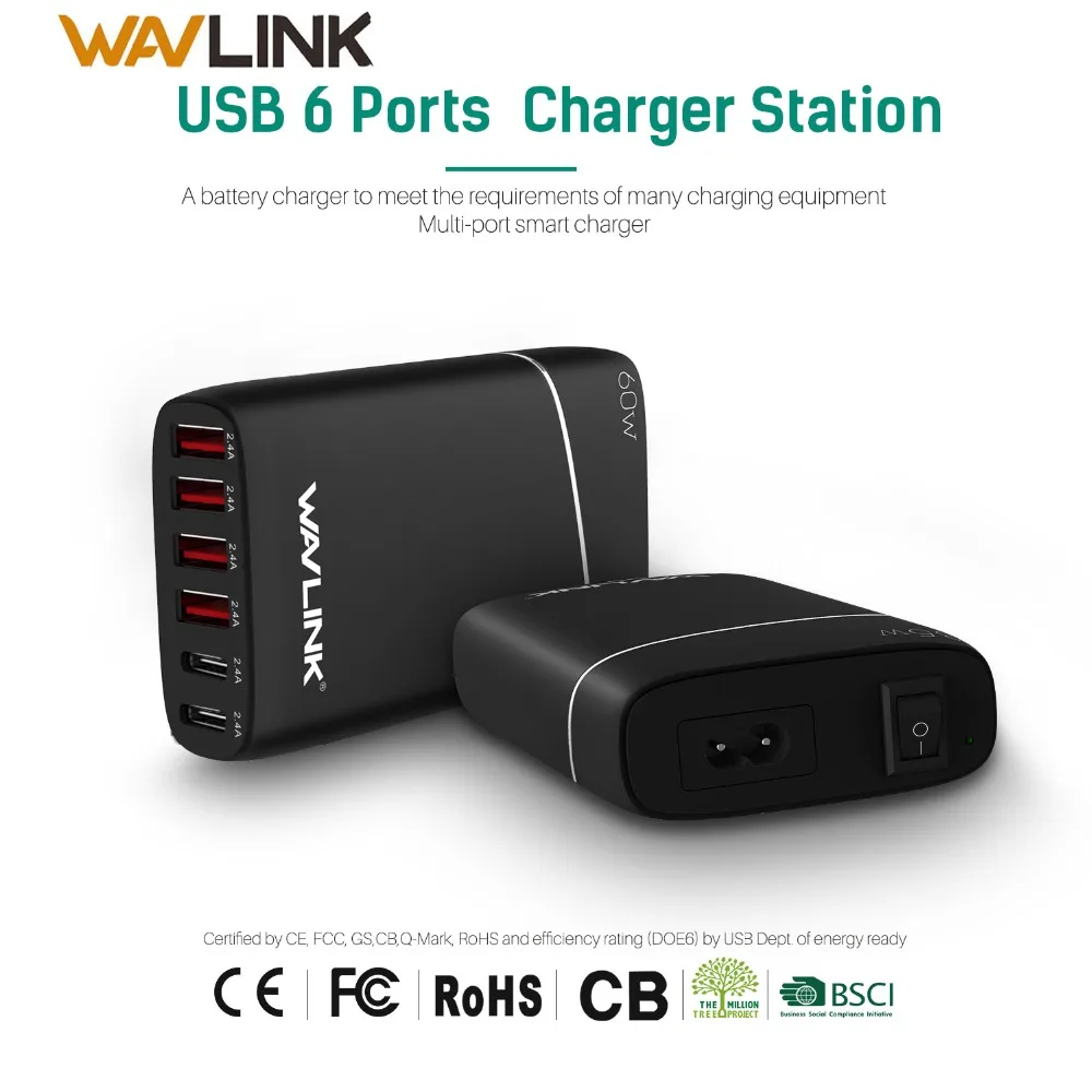 WAVLINK Тип C 6 Порты и разъёмы 60 Вт/12A Смарт USB Настольная зарядная станция для быстрой