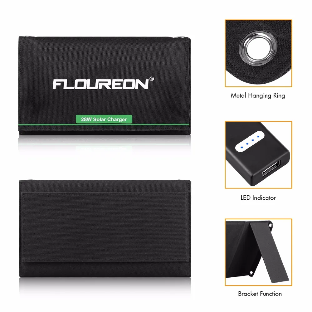 FLOUREON 28 Вт солнечная панель с 3 выходными портами USB водонепроницаемое складное