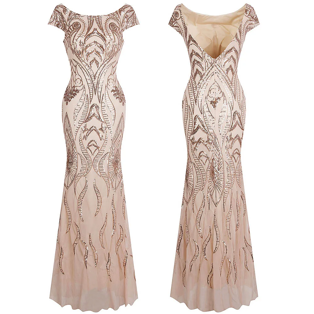 Angel-Fashion женские Выпускные платья с коротким рукавом, Длинные винтажные вечерние платья с блестками 378 - Цвет: light champagne