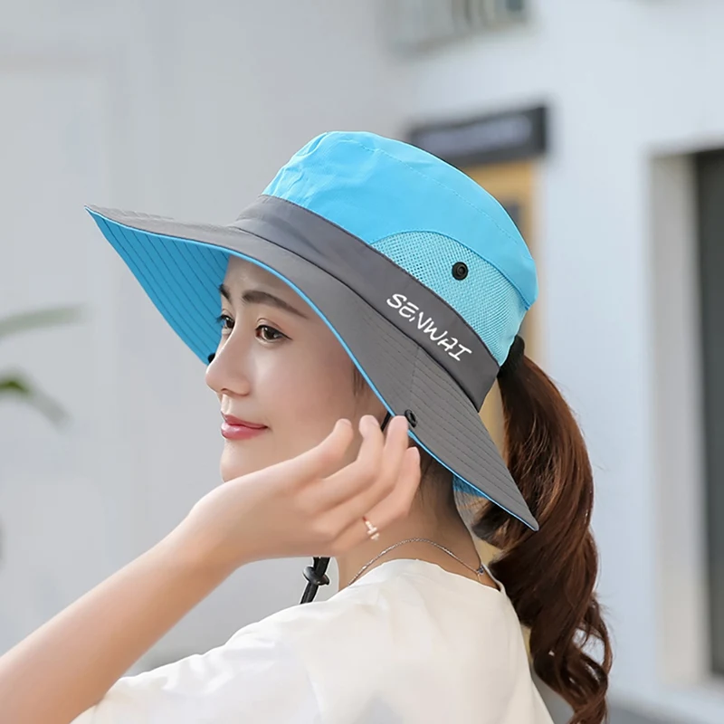 Outdoor Hiking Wide Brim Bucket Hat Women Quick Drying Breathable Packable Sunshade UV-proof Ponytail Cap With Chain Strap