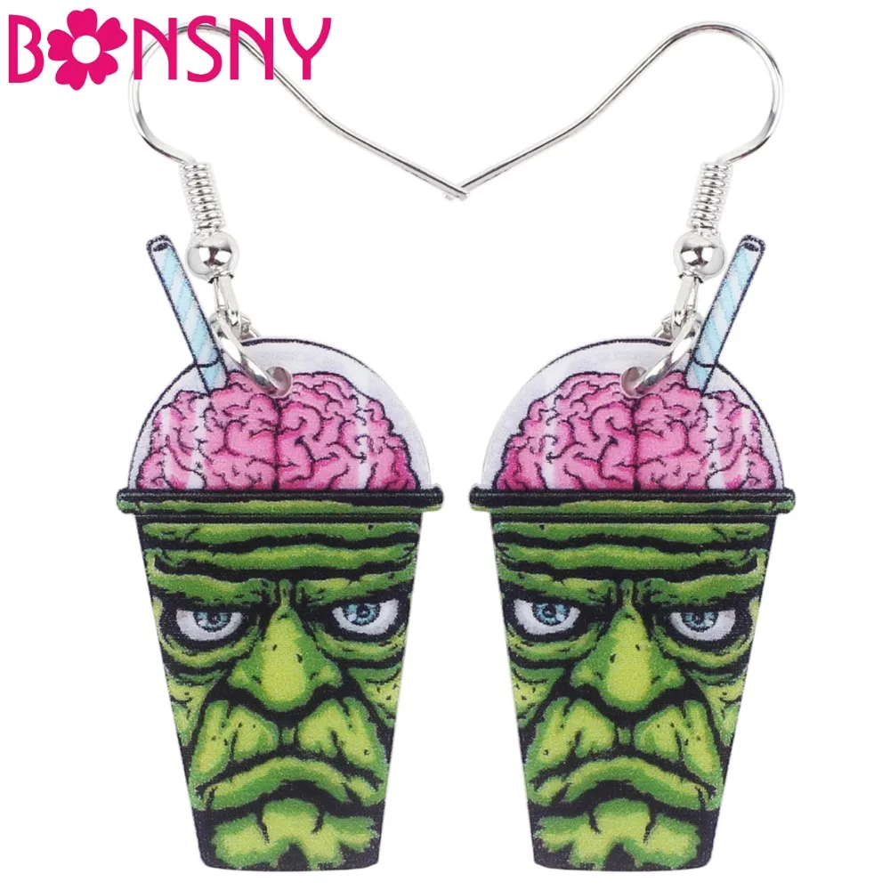 Bonsny акриловые зеленые серьги для Хэллоуина с принтом зомби длинные висячие