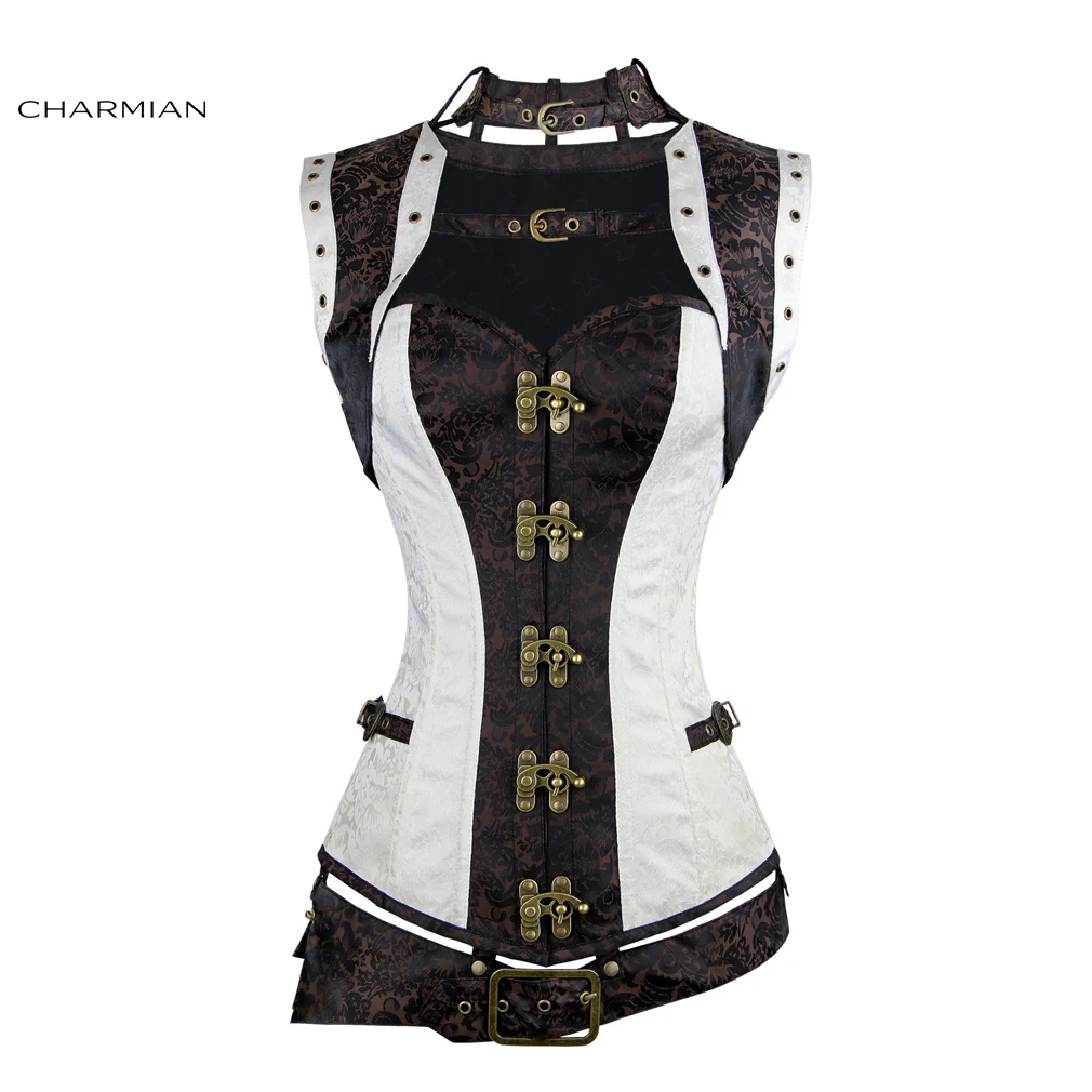 Charmian Women's Plus Size Steampunk Corset White Steel Boned Renaissance Vintage Gothic Corsets and Bustiers Belted Top