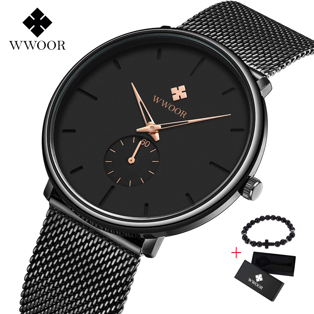 

WWOOR Sports Mens Watches Top Brand Luxury Waterproof Ultra Thin Dial Mesh Quartz Watch Men Casual Free gift Relogio Masculino
