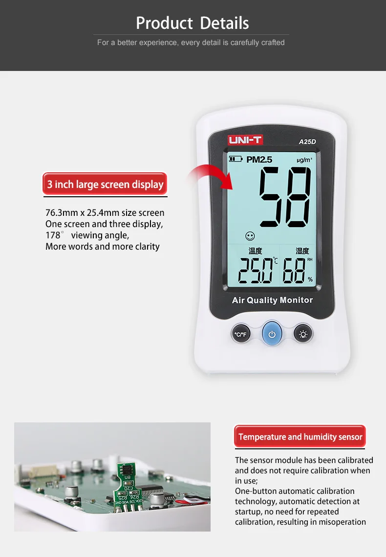 UNI-T A25D PM2.5 тестеры Настольный детектор измерения качества воздуха Температура Влажность монитор Автоматический диапазон индикация перегрузки