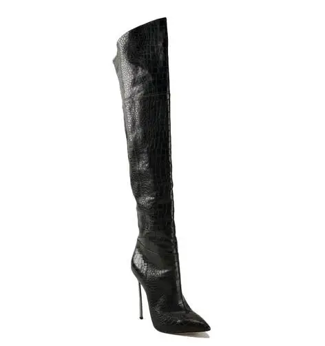 Sexy Brand Croco Pattern Leather Silver-tone Metal Heel Over the Knee Boots Blade Heel Pointed Toe Thigh High Booty Black Brown