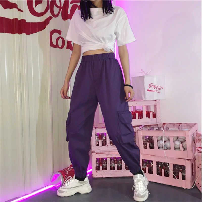 purple Весенние фиолетовые брюки-карго в стиле ретро с цепочкой, женские брюки с высокой талией, штаны для бега, свободные брюки, женские уличные брюки большого размера - Цвет: purple