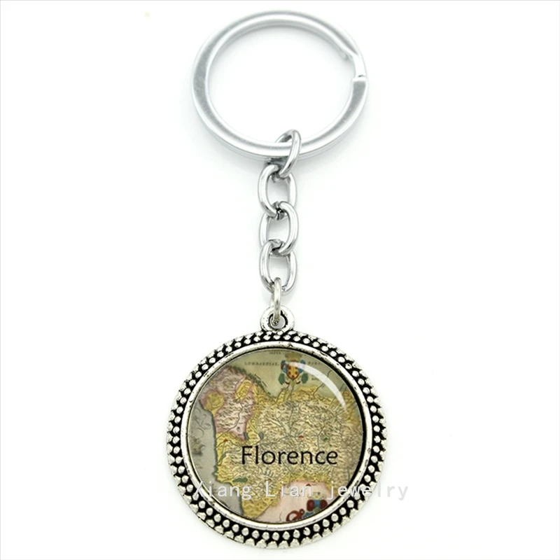 

Trendy round men and women jewelry keychain Italy famous city Florence old map pendant key ring jewelry friend gift T389