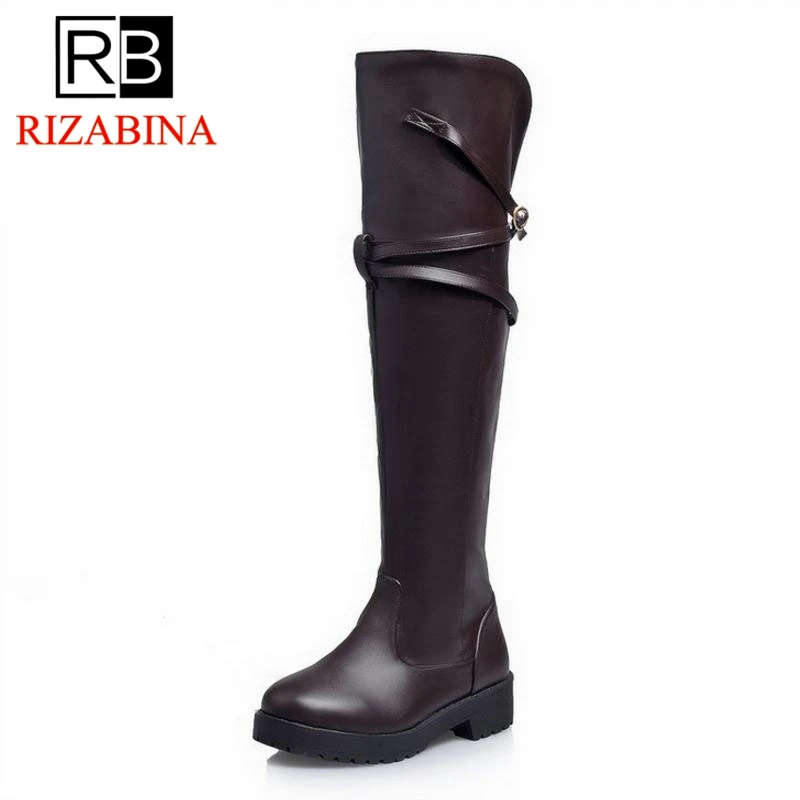 RIZABINA/женские сапоги зимние до бедра с металлической пряжкой на меху модная обувь