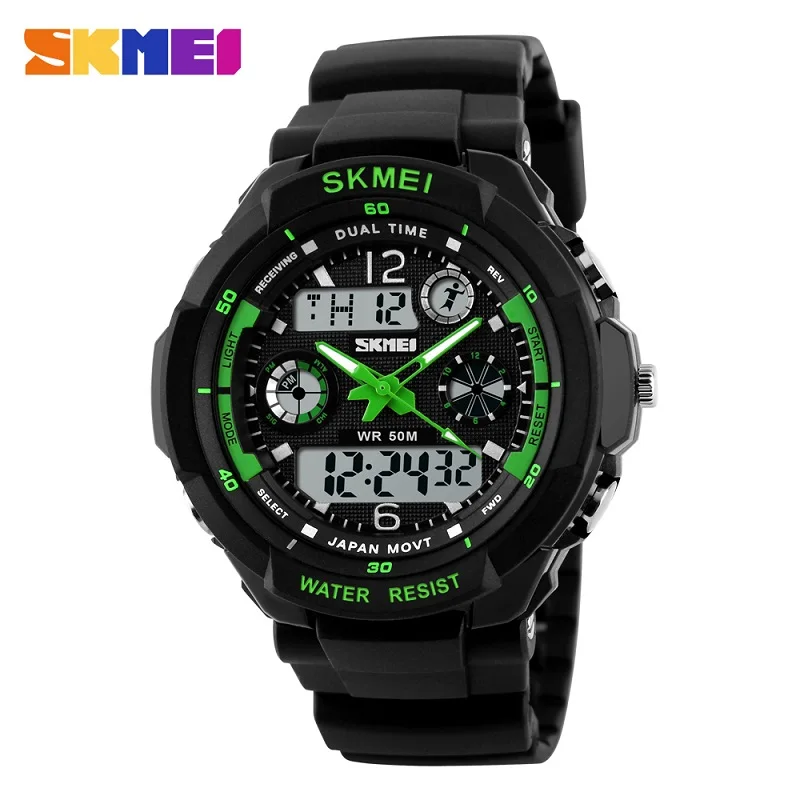 green skmei Skmei брендовые роскошные мужские спортивные часы, цифровые аналоговые военные светодиодный электронные кварцевые наручные часы, мужские часы - Цвет: green skmei