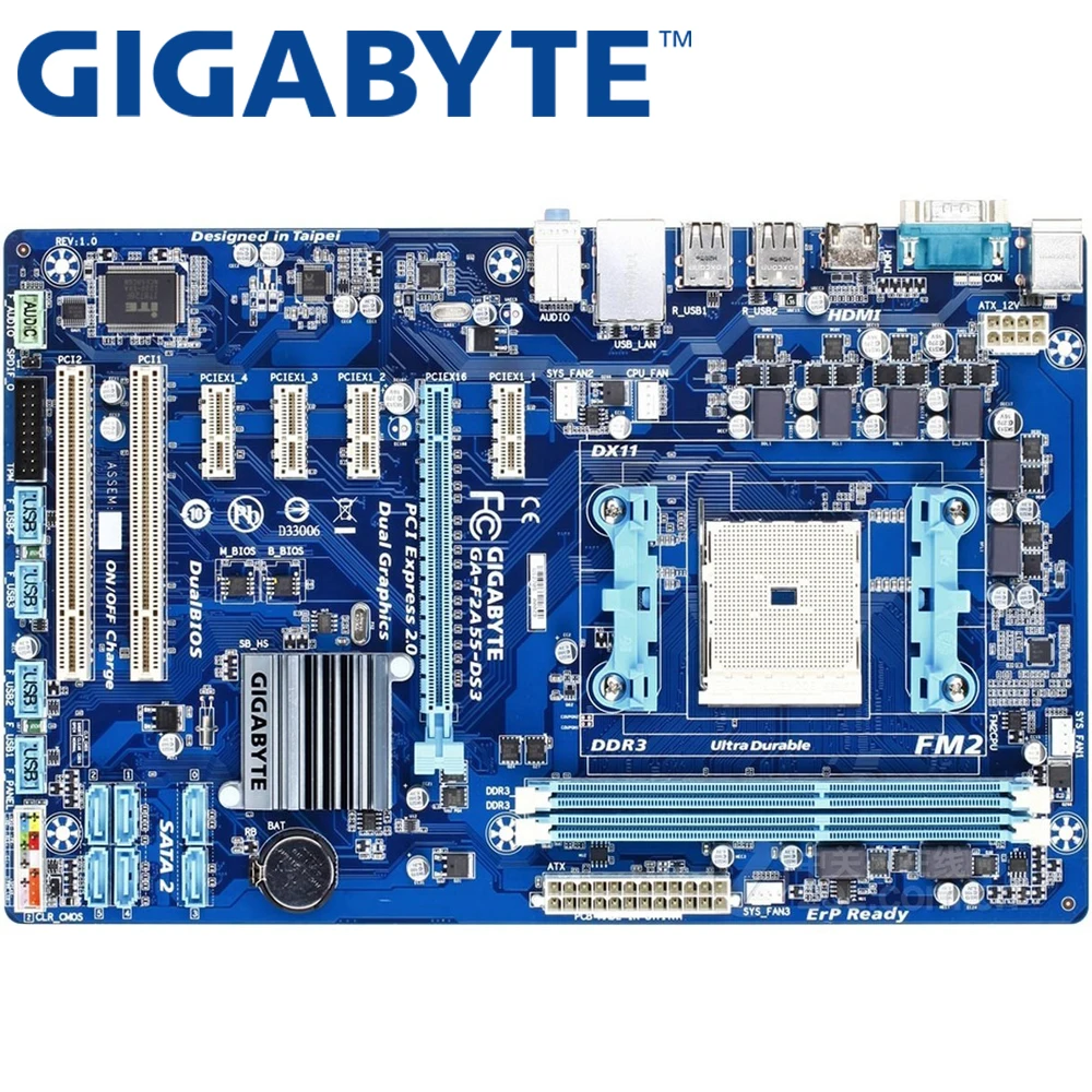 

GIGABYTE GA-F2A55-DS3 настольная материнская плата A55 Socket FM2 для AMD A10 A8 A6 A4 Athlon 32G ATX оригинальная F2A55-DS3 б/у материнская плата