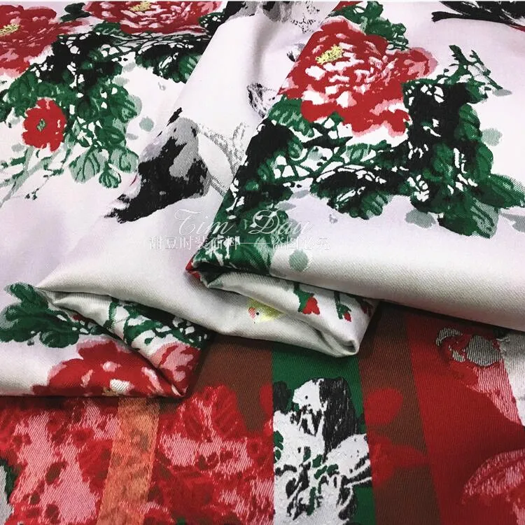 Peony flower jacquard brocade fabric high-grade yarn-dyed dress polyester wholesale cloth | Дом и сад