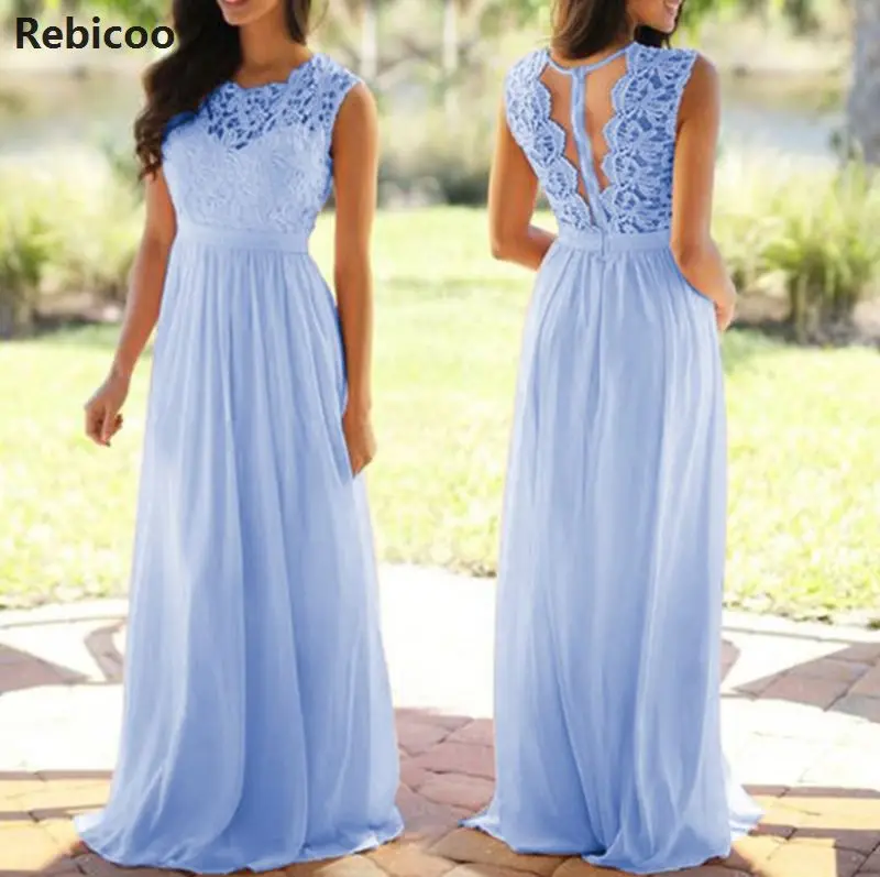 Небесно-голубой Vintage Lace Patchwork Long Dress Plus Size S-5XL Wedding Bridesmaid Party Maxi Dress Robe Femme Vestidos Pink - Цвет: Небесно-голубой
