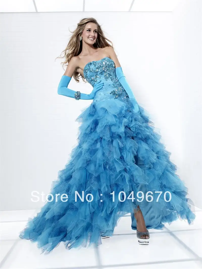 Haute Couture 2014 Blue Strapless Tutu Dress Organza Prom Dresses Long For Party N196|dresses for large bust|dress fabric by the yarddress clothes |