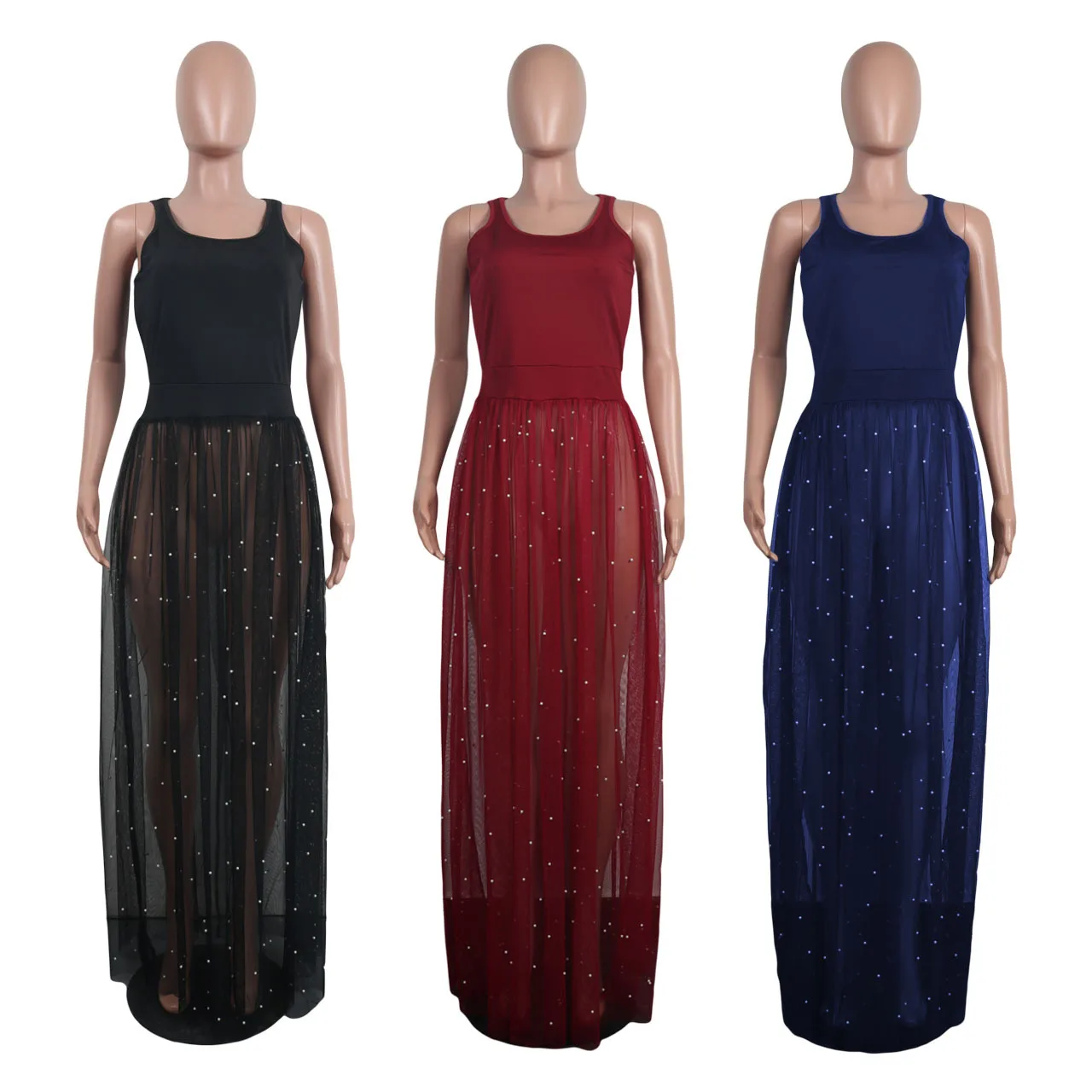 

Latest Style Women's Sequins Crystal Mesh Sheer Short Sleeve Suit Beach Dress