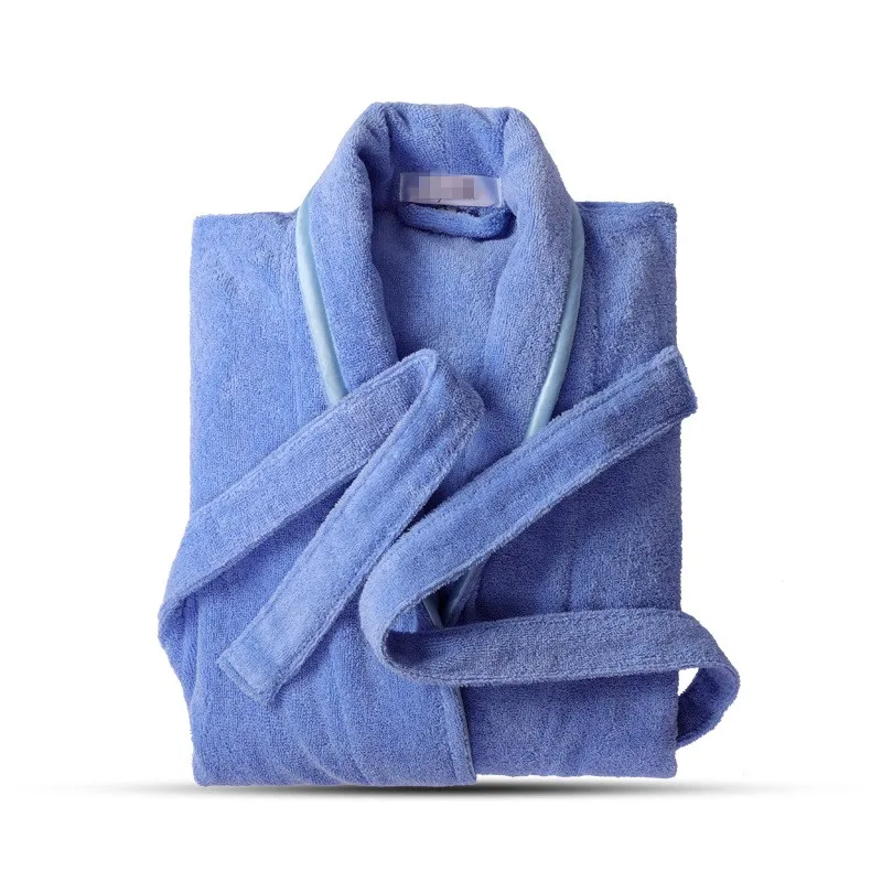 Махровый халат из чистого хлопка, банный халат для влюбленных, синие халаты, мужской халат, Женское и мужское однотонное полотенце, длинный ...