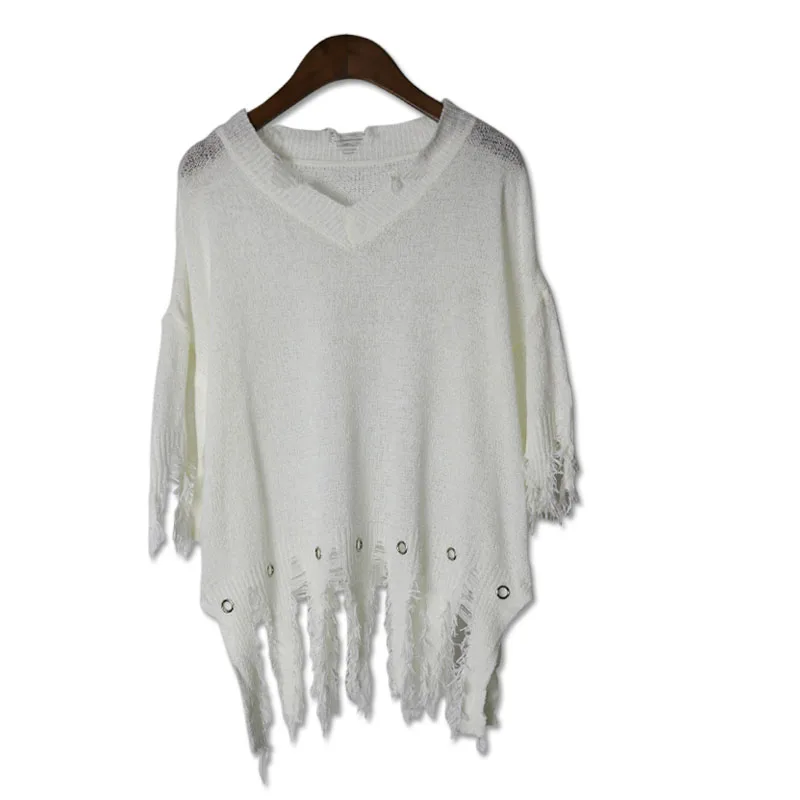 Women's Loose Hole Sweater Hollow out Asymetric Hem Knitted V neck Long Sleeve Thin Tops | Женская одежда