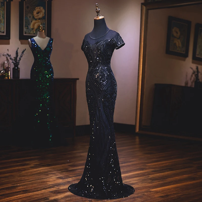 Short Sleeve V-Backless Evening Dress Elegant Abendkleider 2019 Robe De Soiree Scoop Neck Black Mermaid Dresses Long | Свадьбы и