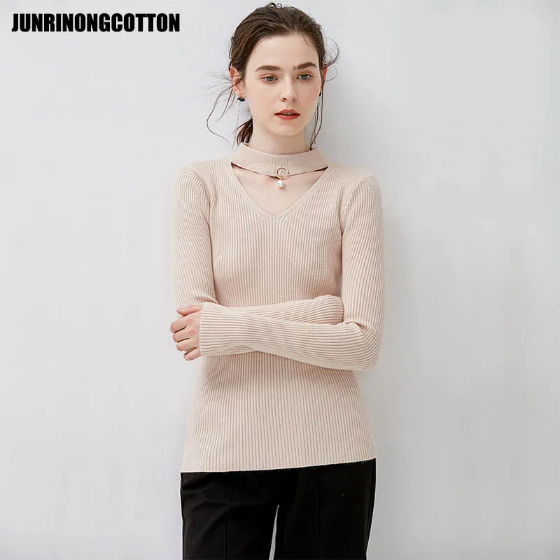 autumn winter long sleeve women's sweater elegant slim V neck knitting Pullovers 2018 female Solid color Elasticity jumper | Женская