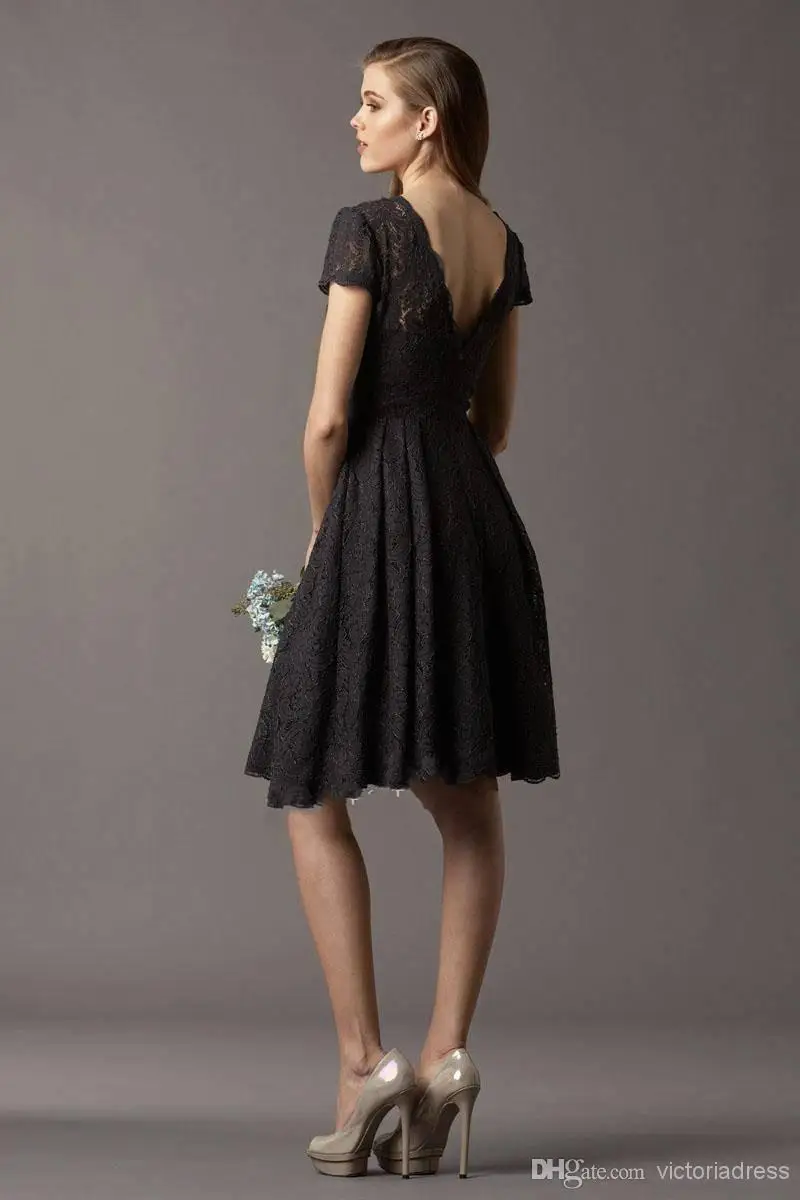 Splendid Short Sleeve Cheap Lace Bridesmaid Dresses Jewel Black Knee Length A Line V Back Sexy Elegant Hot Bridemaids Wed | Свадьбы и