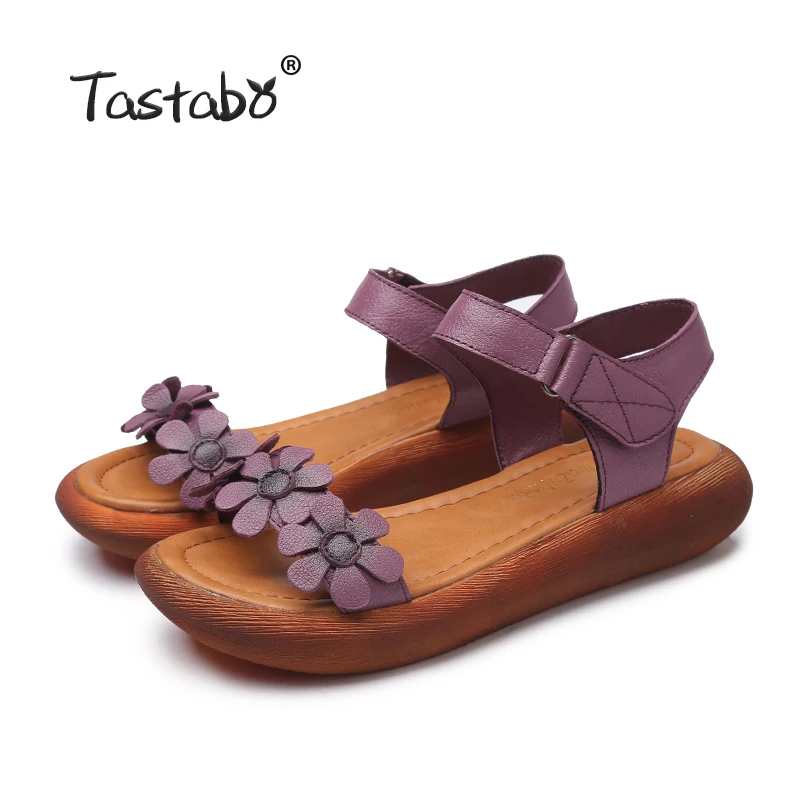 Tastabo/сандалии-гладиаторы из натуральной кожи; коллекция года; модная летняя обувь на низкой танкетке с цветочным принтом; женские сандалии на платформе; женская обувь Красного и серого цвета - Цвет: 02