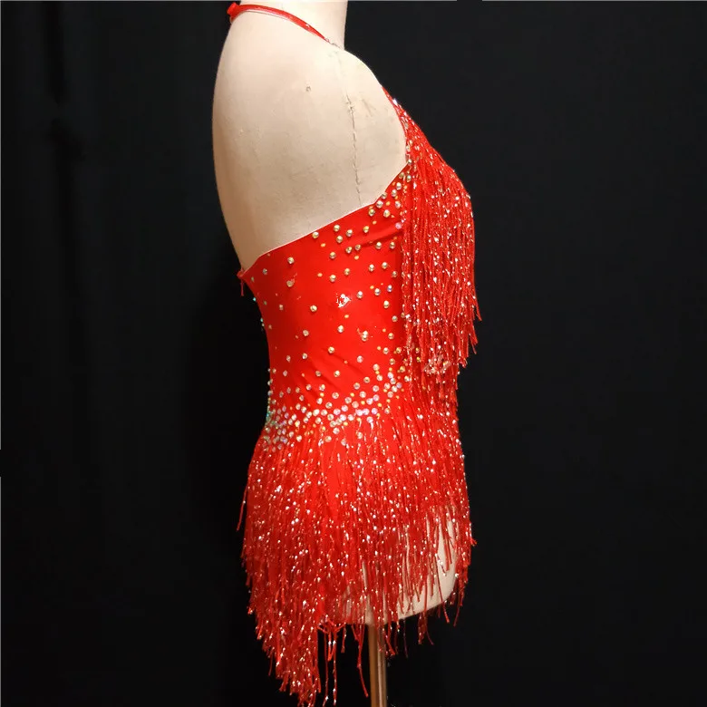 Shining Rhinestones Purple Red Tassels Bodysuit Female Costume Sexy Backless Stretch Bodysuits Bar DJ Singer Performance Outfit