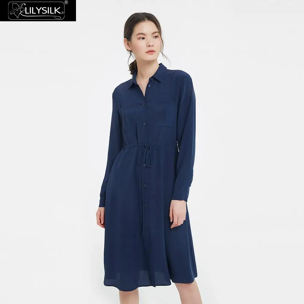 Navy Blue LilySilk платье рубашка базовая с длинным рукавом шелковая Женская - Цвет: Navy Blue