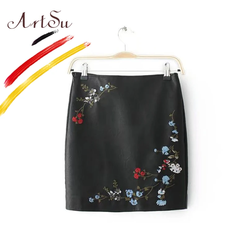 ArtSu винтажная Цветочная вышивка из искусственной кожи юбка-карандаш для женщин