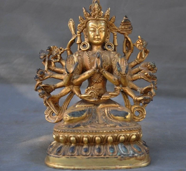 Старый тибетский буддизм бронзовый позолоченный 18 рук тара Кван Инь статуя