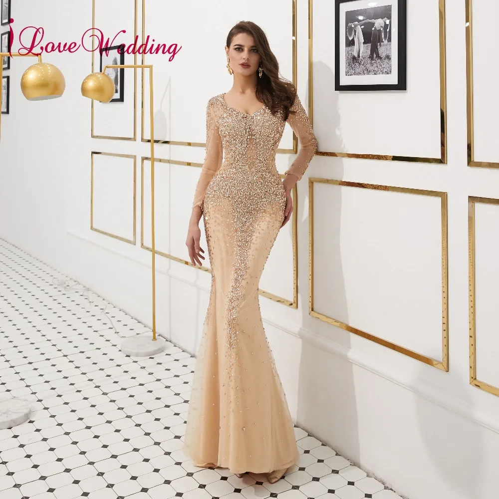 ILoveWedding сексуальные V шеи роскошные золотые украшения на заказ; длинное парадное с длинными рукавами вечернее бальное платье в виде русалки платья