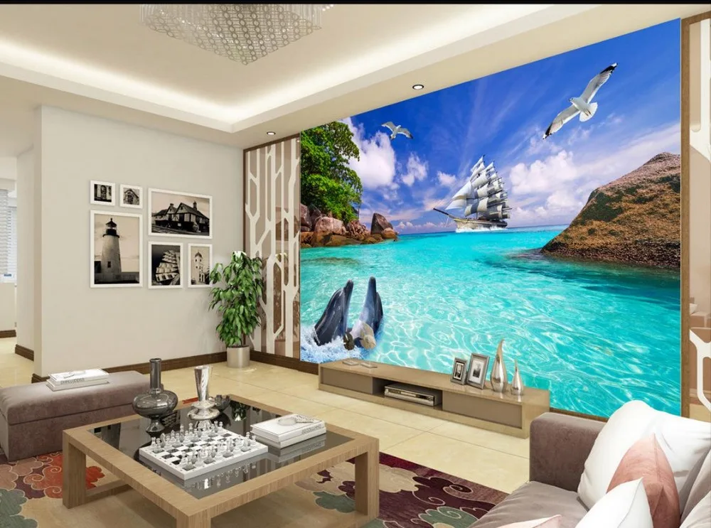 3d обои для комнаты дельфин залив парусник фон фреска фото Настенные |